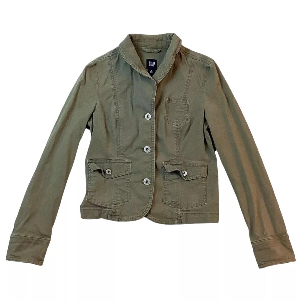 GAP Khaki Jacket Button Long Sleeve Olive Green Size 4 Cotton Blend